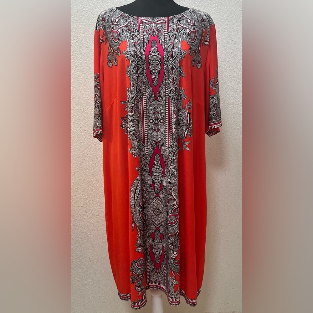 EUC Studio One Coral, Black, Pink, & White Paisley 3/4 Sleeve Sheath Dress 3X